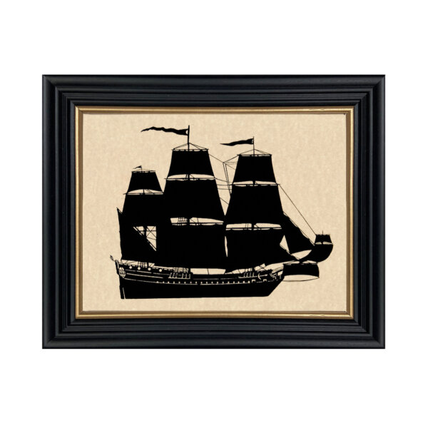 Framed Silhouettes Nautical Jamestown Ship Framed Paper Cut Silhouette in Black Wood Frame with Gold Trim. An 8 x 10″ framed to 10 x 12″.