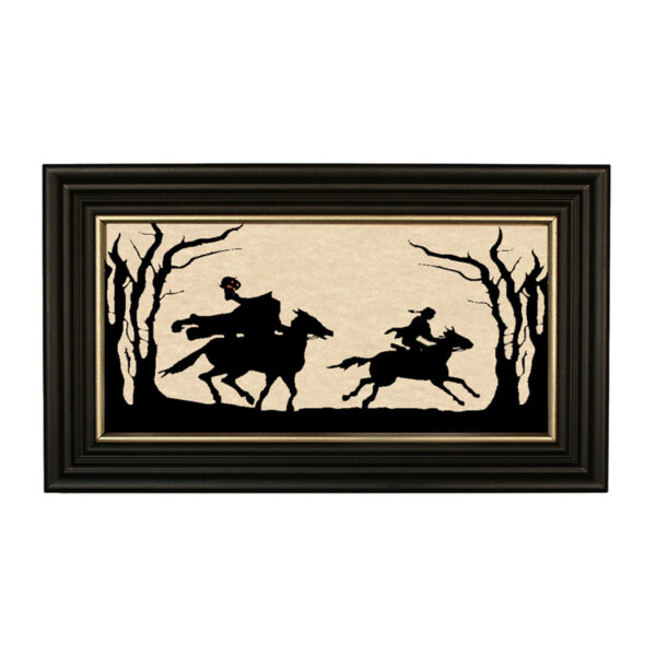 Headless Horseman Framed Paper Cut Silhouette in Black Wood Frame with Gold Trim. A 5" x 10" framed to 7" x 12".