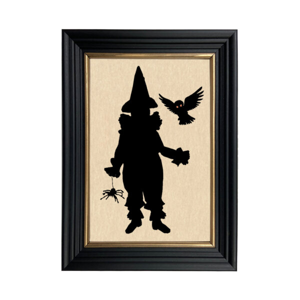 Clown with Owl Framed Paper Cut Silhouette in Black Wood Frame with Gold Trim. An 6-3/4 x 10