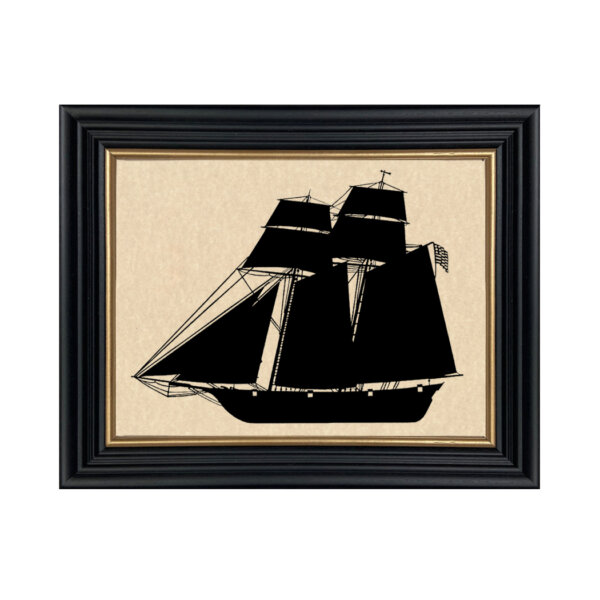 Baltimore Clipper Framed Paper Cut Silhouette in Black Wood Frame with Gold Trim. An 8 x 10" framed to 10 x 12".