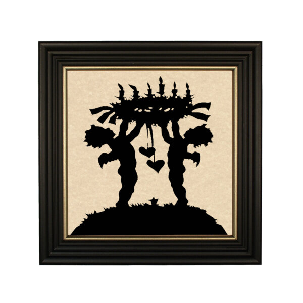 Framed Silhouettes Valentines Cupids Raising Valentine’s Wreath Framed Paper Cut Silhouette- Antique Vintage Style