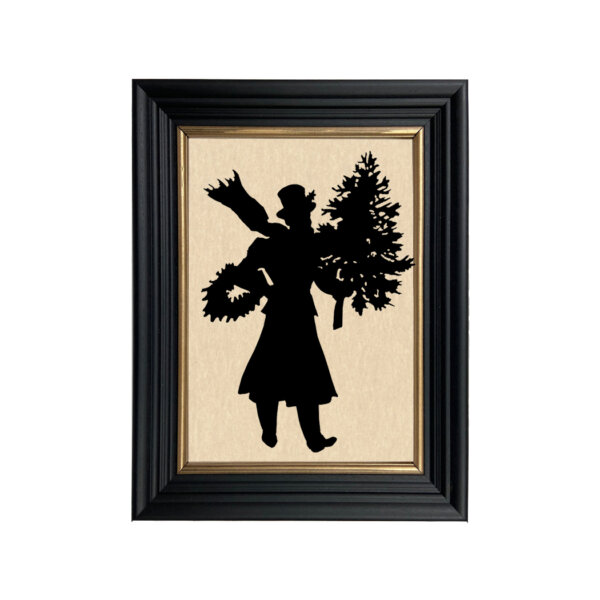Christmas Christmas Gentleman with Tree Framed Paper Cut Silhouette in Black Wood Frame with Gold Trim. A 6 x 8″ framed to 8 x 10″.