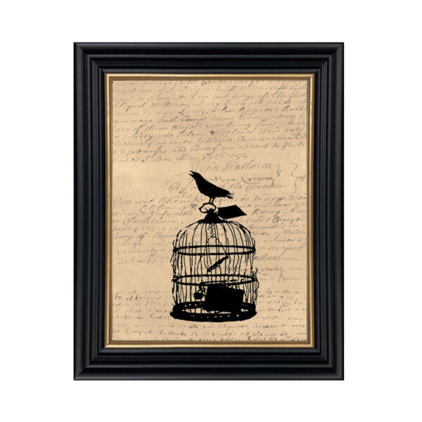 Crow and Cage Framed Paper Cut Silhouette over Printed Background in Black Wood Frame with Gold Trim. An 8 x 10