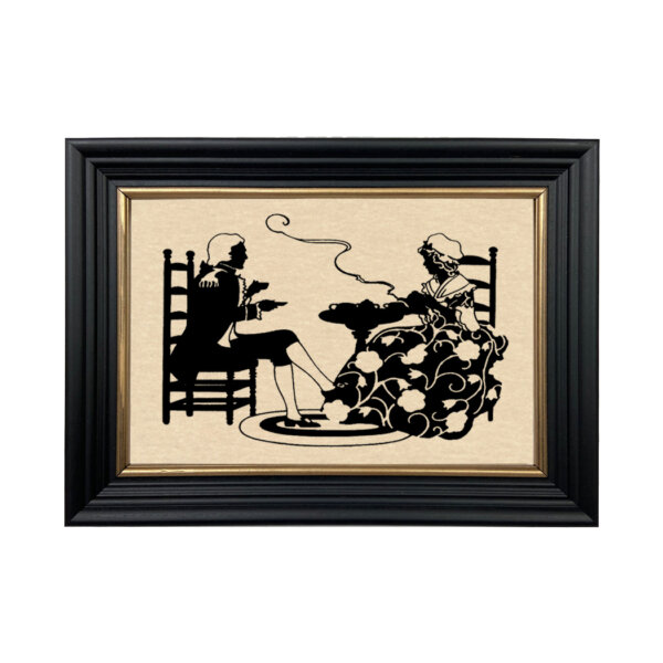 Early American Early American Colonial Tea Framed Paper Cut Silhouette in Black Wood Frame with Gold Trim. An 6-3/4 x 10″ framed to 8-3/4 x 12″.