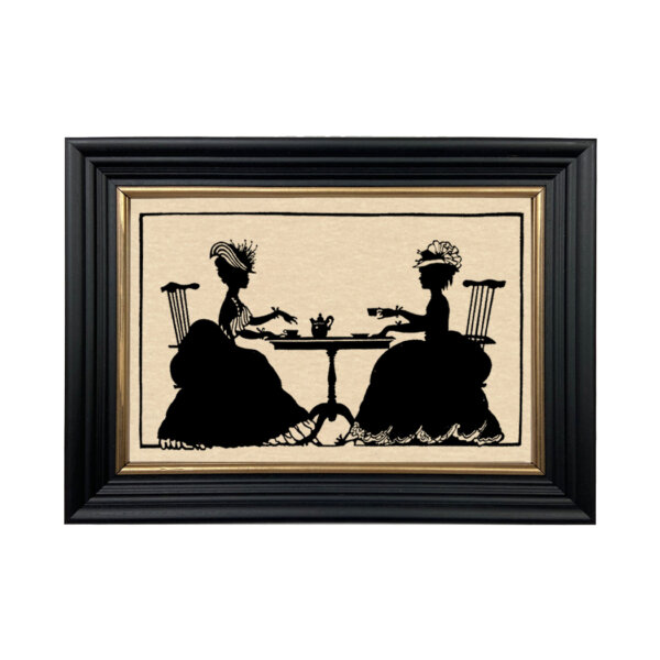 Early American Early American Ladies Tea Framed Paper Cut Silhouette in Black Wood Frame with Gold Trim. An 6-3/4 x 10″ framed to 8-3/4 x 12″.