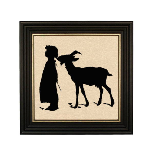 Goat Eating Girls Pigtails Framed Paper Cut Silhouette in Black Wood Frame with Gold Trim. An 8 x 8" framed to 10 x 10".