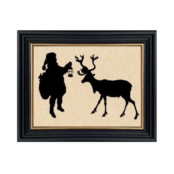 Christmas Christmas Santa and Reindeer Framed Paper Cut Silhouette in Black Wood Frame with Gold Trim. An 8 x 10″ framed to 10 x 12″.