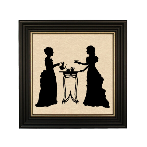 Pouring a Cup of Tea Framed Paper Cut Silhouette in Black Wood Frame with Gold Trim. An 8 x 8