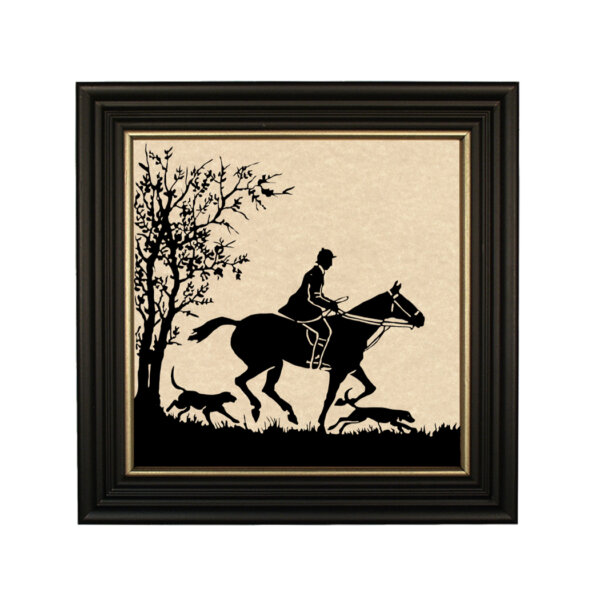 Equestrian/Fox Equestrian To the Hunt Framed Paper Cut Silhouette in Black Wood Frame with Gold Trim. An 8 x 8″ framed to 10 x 10″.