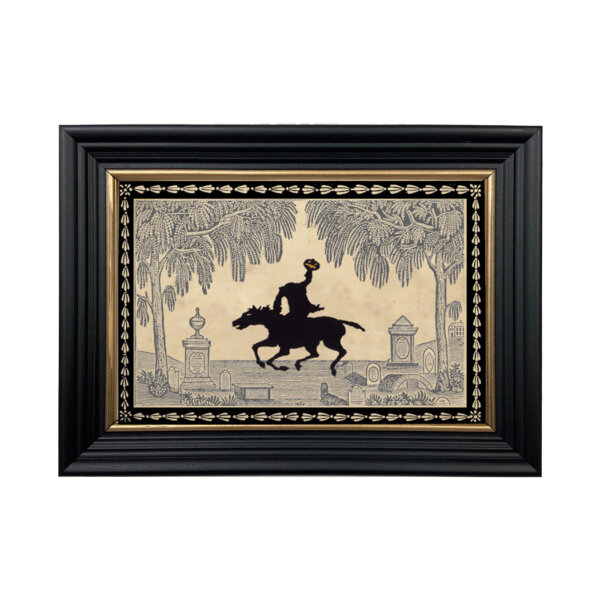 Framed Silhouettes Sleepy Hollow Grave Yard Framed Paper Cut Silhouette in Black Wood Frame with Gold Trim. An 6-3/4 x 10″ framed to 8-3/4 x 12″.