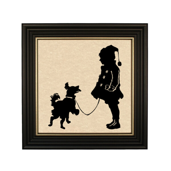 Early American Early American Boy with Dog on Winter Walk Framed Paper Cut Silhouette in Black Wood Frame with Gold Trim. An 8 x 8″ framed to 10 x 10″.