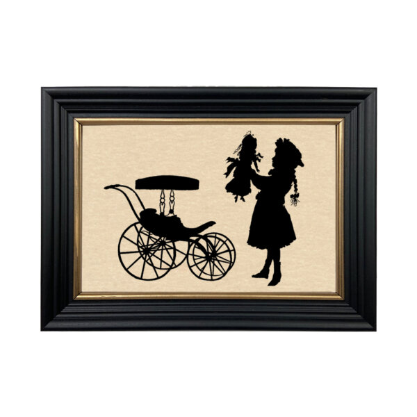 Victorian Girl with Doll Framed Paper Cut Silhouette in Black Wood Frame with Gold Trim. An 6-3/4 x 10" framed to 8-3/4 x 12".