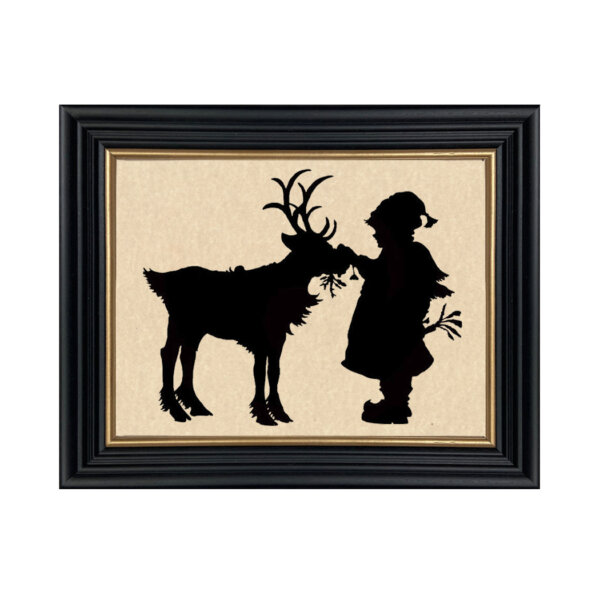 Christmas Christmas Treats for Reindeer Framed Paper Cut Silhouette in Black Wood Frame with Gold Trim. An 8″ x 10″ framed to 10″ x 12″.