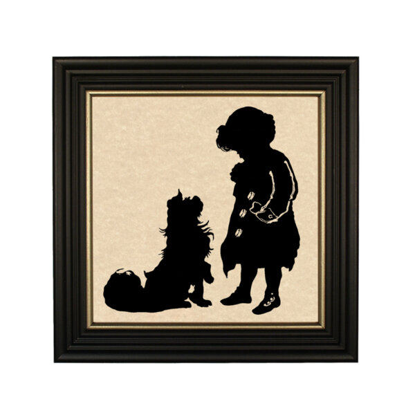Sit and Stay Framed Paper Cut Silhouette in Black Wood Frame with Gold Trim. An 8 x 8