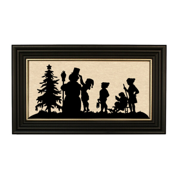 Christmas Christmas Decorating Frosty Framed Paper Cut Silhouette in Black Wood Frame with Gold Trim. A 5″ x 10″ framed to 7″ x 12″.