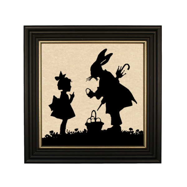 Little Girl and Bunny with Umbrella Framed Paper Cut Silhouette in Black Wood Frame with Gold Trim- Framed to 10
