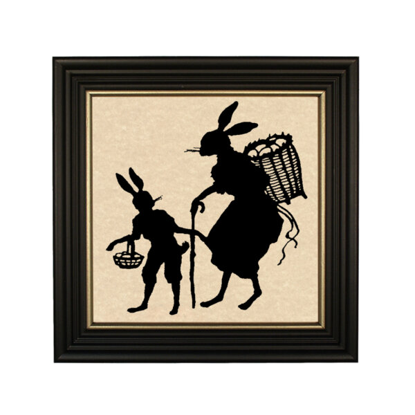Bunny with Backpack of Eggs Framed Paper Cut Silhouette in Black Wood Frame with Gold Trim. An 8 x 8