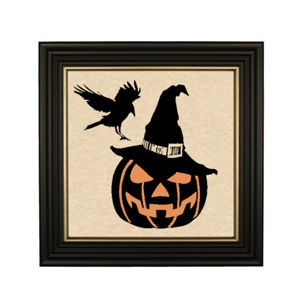 Jack-O-Lantern and Crow Framed Black Paper Cut Silhouette in Black Wood Frame with Gold Trim. An 8 x 8