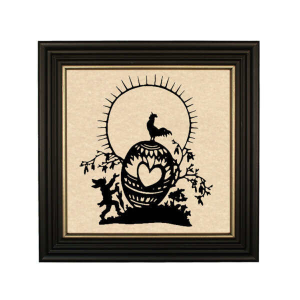 Easter Morning Framed Paper Cut Silhouette in Black Wood Frame with Gold Trim. An 8 x 8