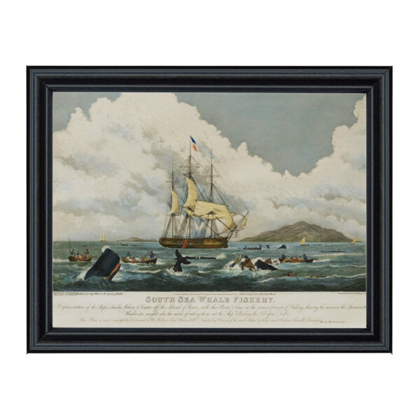 Nautical Nautical South Sea Whale Fishery Reproduction Print Behind Glass in Black Solid Wood Frame- 11″ x 14″ Framed to 12-3/4″ x 15-3/4″.