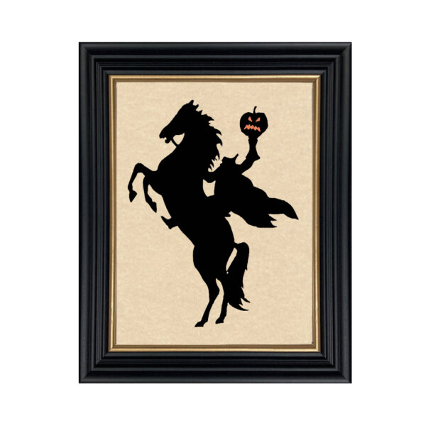 Rearing Headless Horseman Framed Paper Cut Silhouette in Black Wood Frame with Gold Trim. An 8 x 10