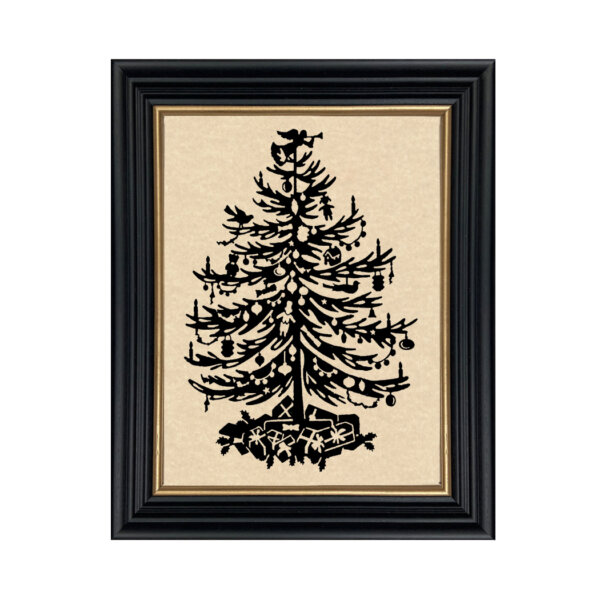 Christmas Christmas Christmas Tree Framed Paper Cut Silhouette in Black Wood Frame with Gold Trim. An 8 x 10″ framed to 10 x 12″.
