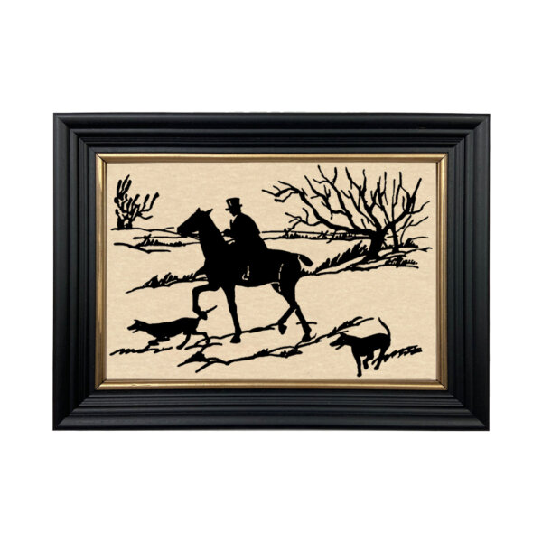 Equestrian/Fox Equestrian Rider and Dogs Framed Paper Cut Silhouette in Black Wood Frame with Gold Trim. An 6-3/4 x 10″ framed to 8-3/4 x 12″.