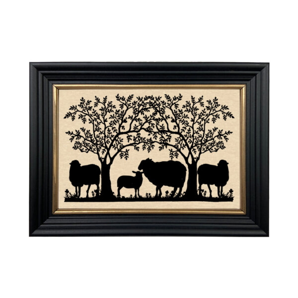 Farm/Pastoral Farm Sheep under Tree Framed Paper Cut Silhouette in Black Wood Frame with Gold Trim. An 6-3/4 x 10″ framed to 8-3/4 x 12″.