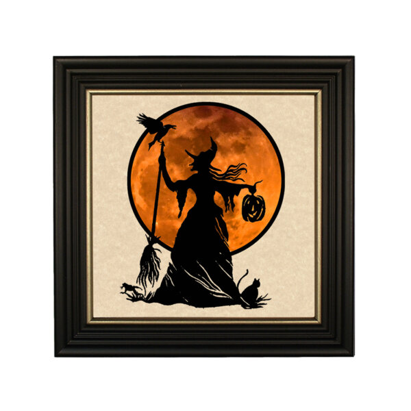 Framed Silhouettes Wicked Witch Framed Paper Cut Silhouette with Orange Moon in Black Wood Frame with Gold Trim. An 8 x 8″ framed to 10 x 10″.