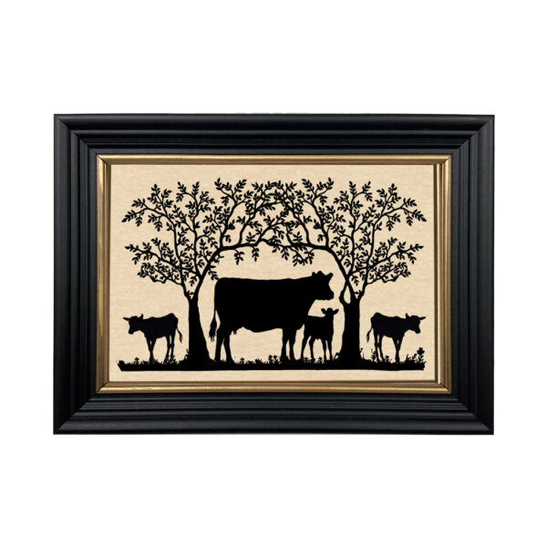 Cows Under Tree Framed Paper Cut Silhouette in Black Wood Frame with Gold Trim. An 6-3/4 x 10