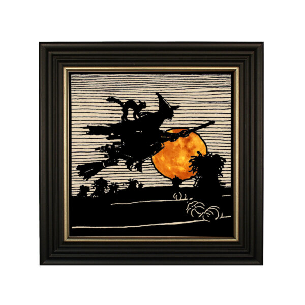 Framed Silhouettes Witches Night Ride-This paper cut silhouette is behind a 10 x 10″ black wood frame with gold trim. A picture hanger is attached to the back.