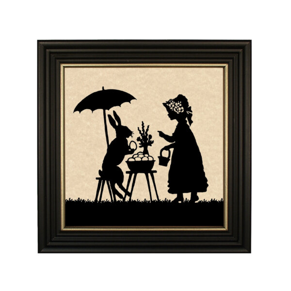 Easter Bunny and Little Girl Framed Paper Cut Silhouette in Black Wood Frame with Gold Trim- Framed to 10