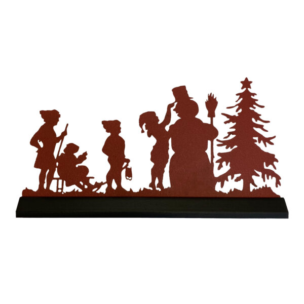 Wooden Silhouette Christmas 11″ Standing Wooden “Decorating Frosty the Snowman” Red  and  Black Silhouette Tabletop Christmas Ornament Sculpture Decoration