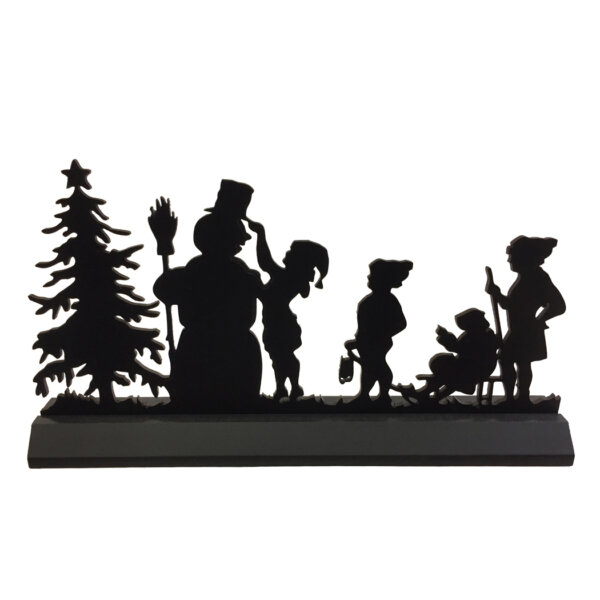 Wooden Silhouette Christmas 11″ Standing Wooden “Decorating Frosty the Snowman” Red  and  Black Silhouette Tabletop Christmas Ornament Sculpture Decoration