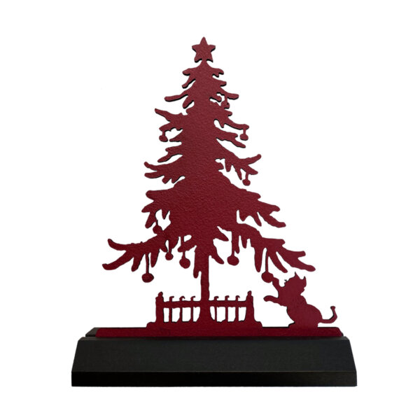 Wooden Silhouette Christmas Standing Wooden Christmas Tree and Cat Red  and  Black Silhouette Tabletop Ornament Sculpture Decoration