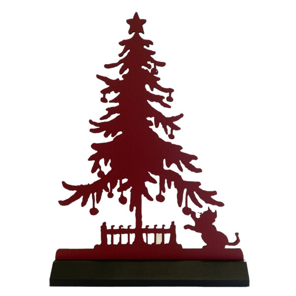 Wooden Silhouette Christmas 10-1/4″ Standing Wooden Christmas Tree and Cat Red  and  Black Silhouette Tabletop Ornament Sculpture Decoration