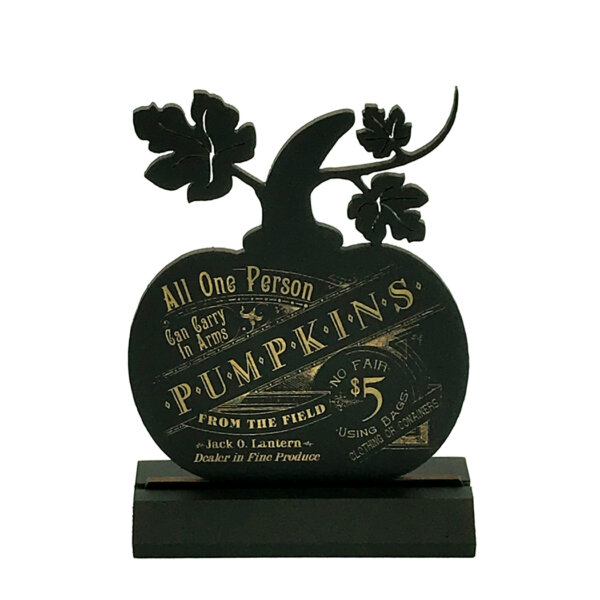 Wooden Silhouette Halloween 6-1/2″ Standing Wooden Pumpkin with Vintage Advertisement Silhouette Tabletop Ornament Decoration