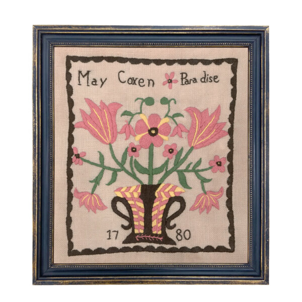 May Coxen Paradise 1780 Antique Embroidery Sampler Needlepoint Framed PRINT-Distressed Black and Gold Frame