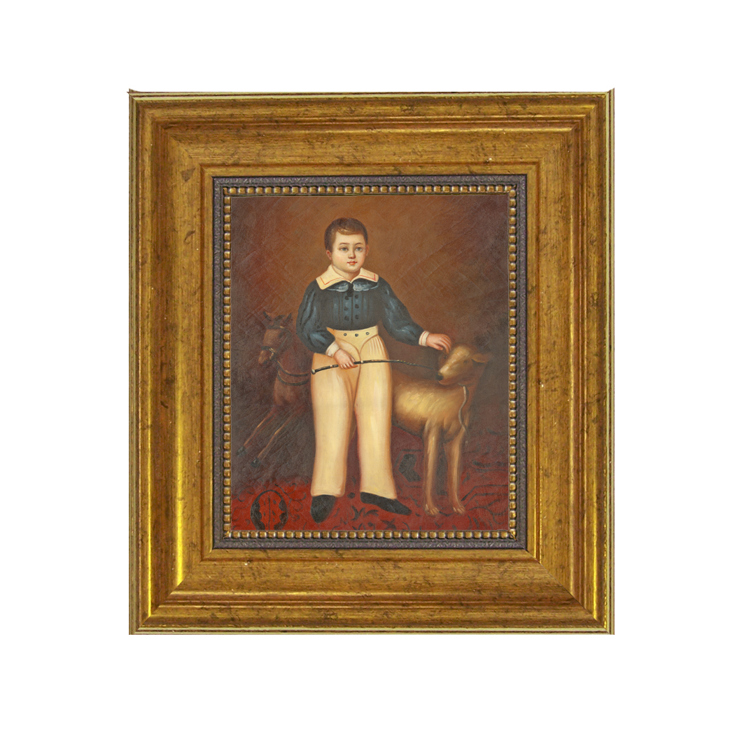 Boy with Dog Painting Reproduction Print on Canvas. A 5" x 6" framed to 8-1/2" x 9-1/2".