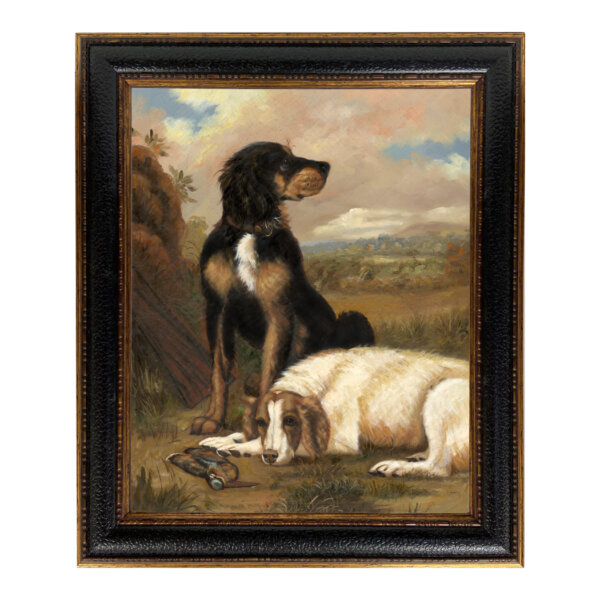 Dogs with Woodcock Framed Oil Painting Print on Canvas in Leather-Look Black and Antiqued Gold Frame. A 16x20