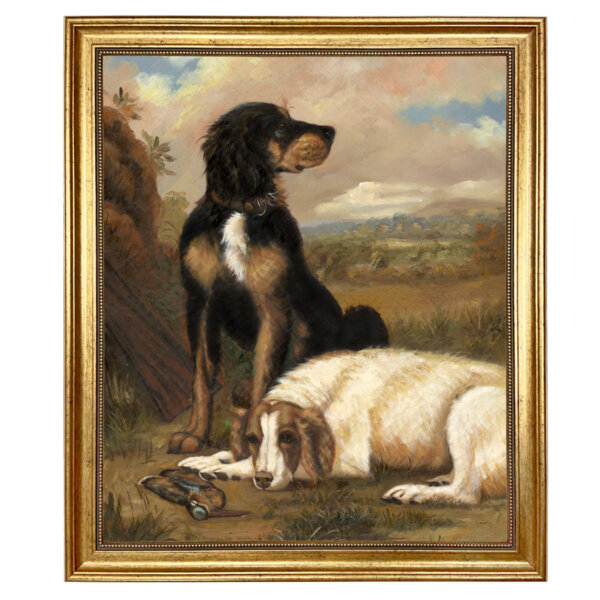 Dogs with Woodcock Oil Painting Print Reproduction on Canvas in Antiqued Gold Frame. An 20