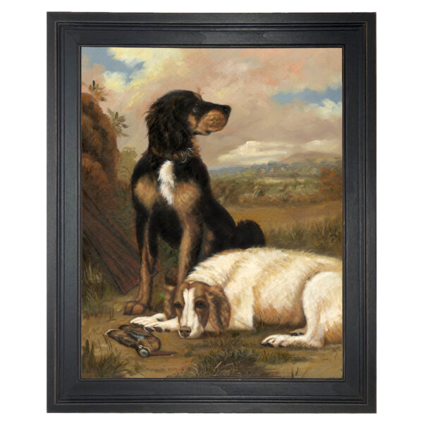 Dogs with Woodcock Framed Oil Painting Print on Canvas in Distressed Black Solid Ash Frame- A 16