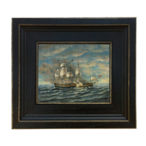 Battle Between USS Constitution and HMS Guerriere Framed Oil Painting Print on Canvas in Ornate Antiqued Black Frame.