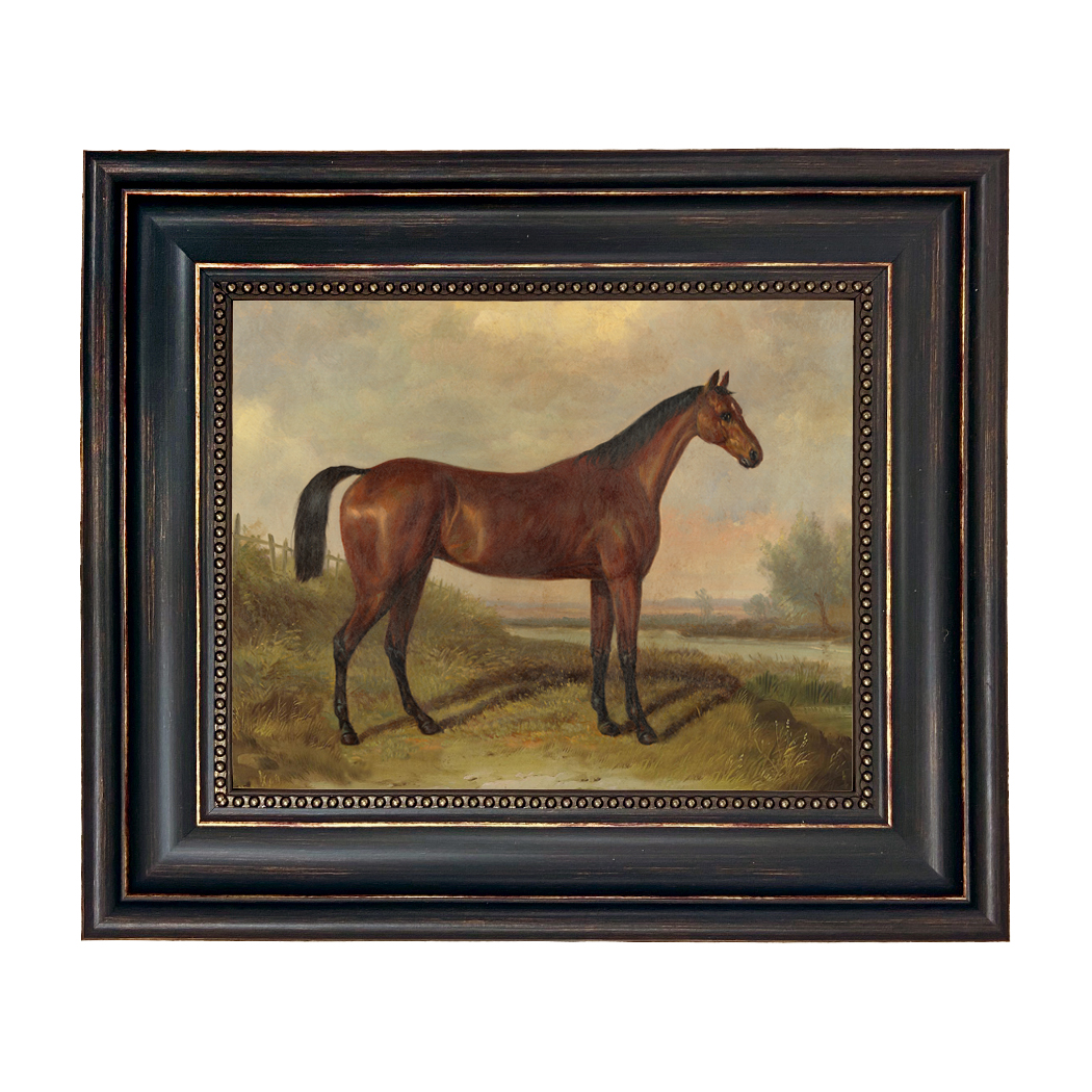 Hunter in a Landscape by William Barraud (c. 1845) Framed Oil Painting Print on Canvas in Distressed Black Frame with Bead Accent. 8" x 10" framed to 11-3/4" x 13-3/4"