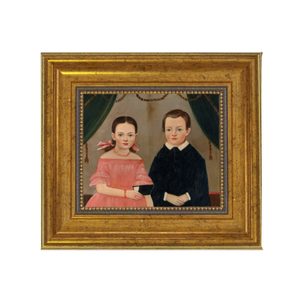 Girl in Pink with Brother - Framed Oil Painting Print on Canvas in Antiqued Gold Frame. A 5