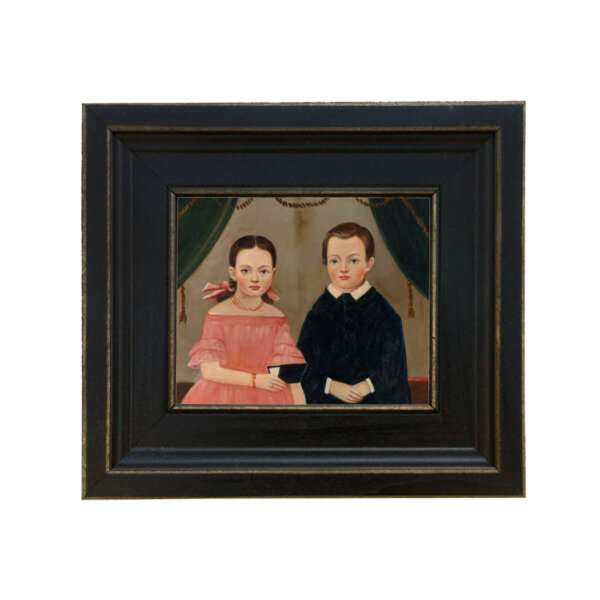 Girl in Pink with Brother Framed Oil Painting Print on Canvas in Distressed Black Wood Frame. A 5 x 6