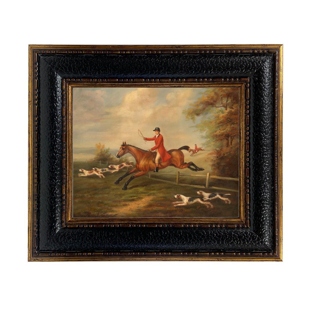 Fox Hunting Scene by J.N. Sartorius (c1810) Framed Oil Painting Print on Canvas in Leather-Look Black and Antiqued Gold Frame