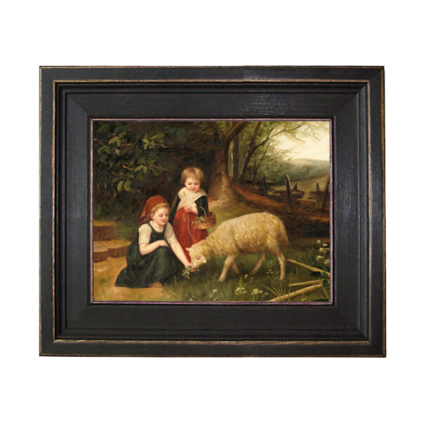 My Pet Lamb - Framed Oil Painting Print on Canvas in Distressed Black Wood Frame. An 8 x 10