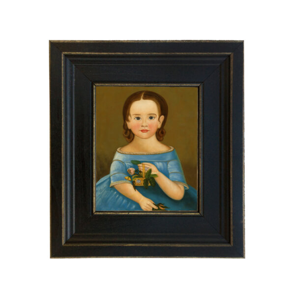 Girl in Blue Dress Framed Oil Painting Print on Canvas in Distressed Black Wood Frame. A 5 x 6