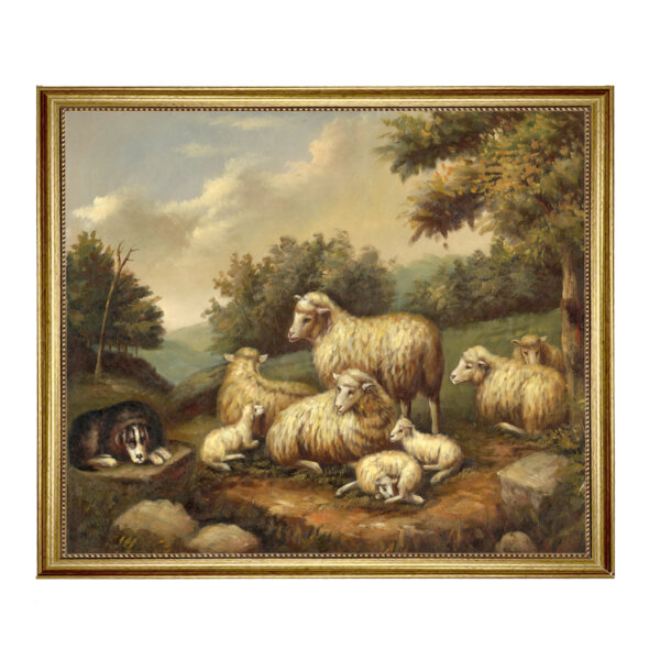 Sheep In Landscape Framed Oil Painting Print on Canvas in Antiqued Gold Frame. A 23.5 x 29.5
